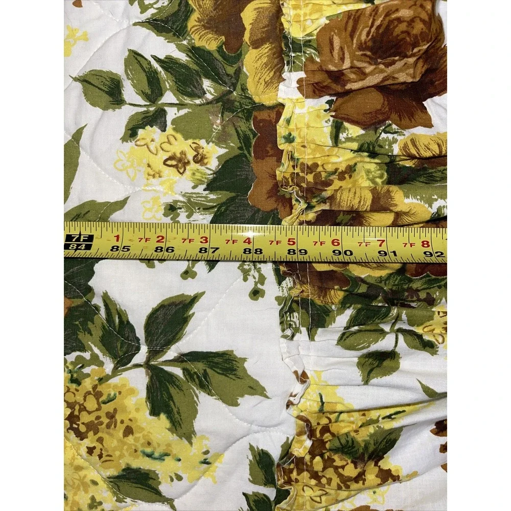 VTG Retro 70's Bedspread Full Double yellow brown flowers Quilted shams Ruffled